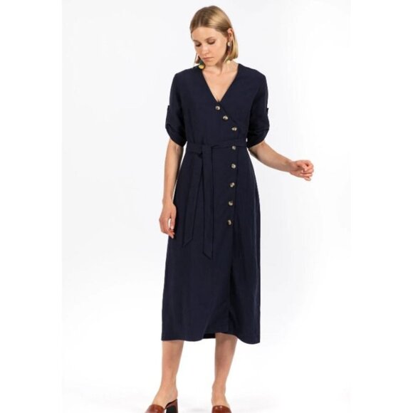 Chelsea Theodore Shirt Maxi Dress Large Navy blue Button-Front Short Sleeve Belt - Picture 14 of 15